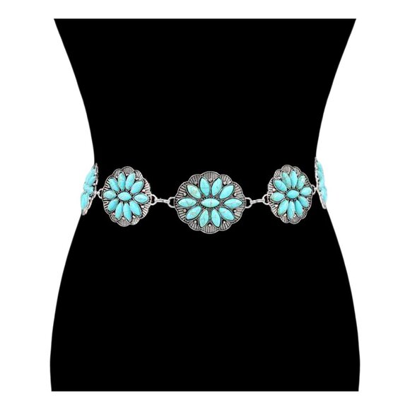 Tigerstars Vintage Boho Turquoise Stone Concho Chain Link Belt - Picture 2 of 3